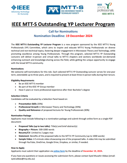 IEEE MTT-S Outstanding YP Lecturer Program: Call for Applications