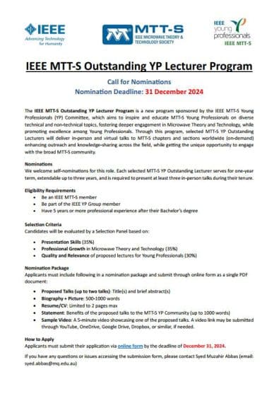 IEEE MTT-S Outstanding YP Lecturer Program: Call for Applications