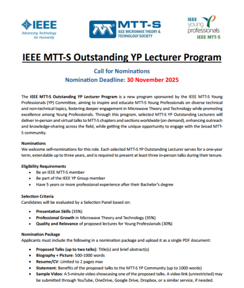 IEEE MTT-S Outstanding YP Lecturer Program 2026: Call for Applications