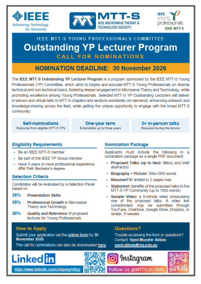 IEEE MTT-S Outstanding YP Lecturer Program 2027: Call for Applications
